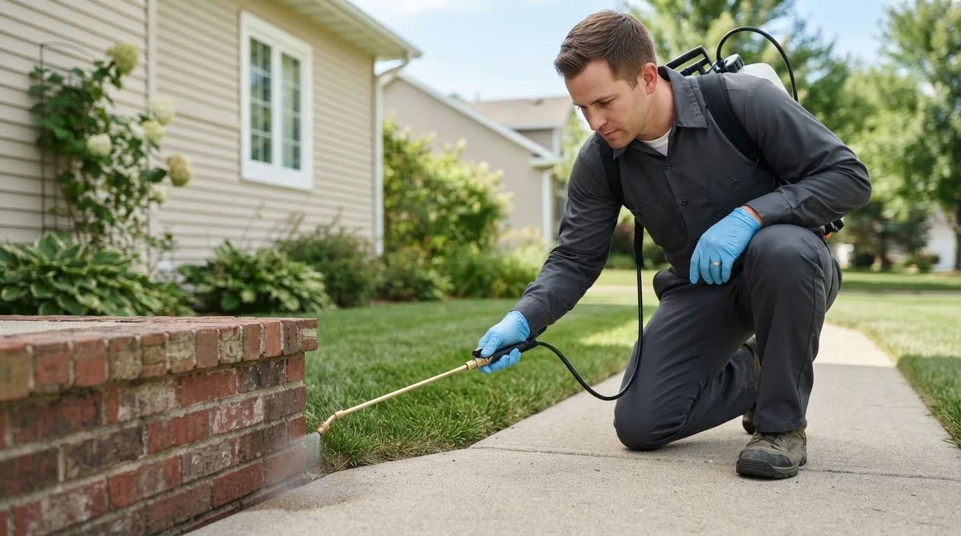 Pest control technician treating a home near Grannis, AR